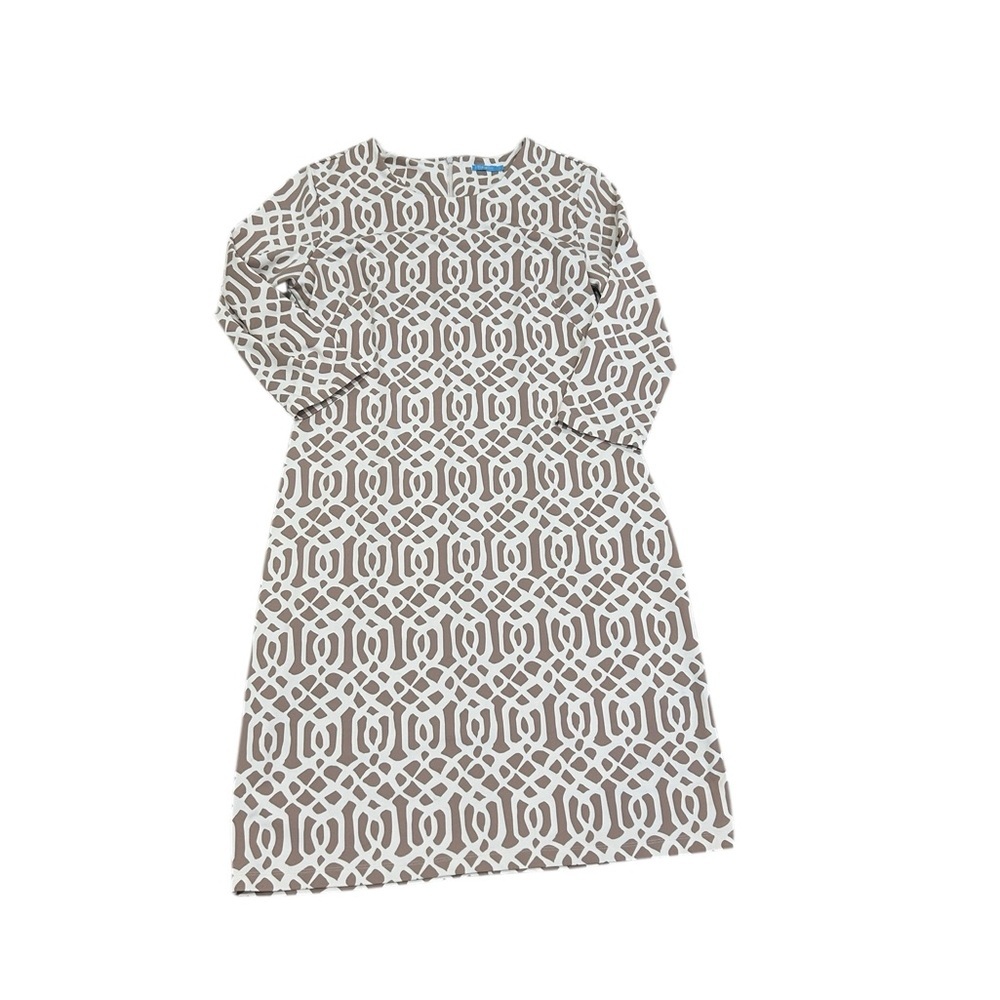 J. McLaughlin Tan and White Patterned Long Sleeve Dress signature fabric large - Picture 2 of 9